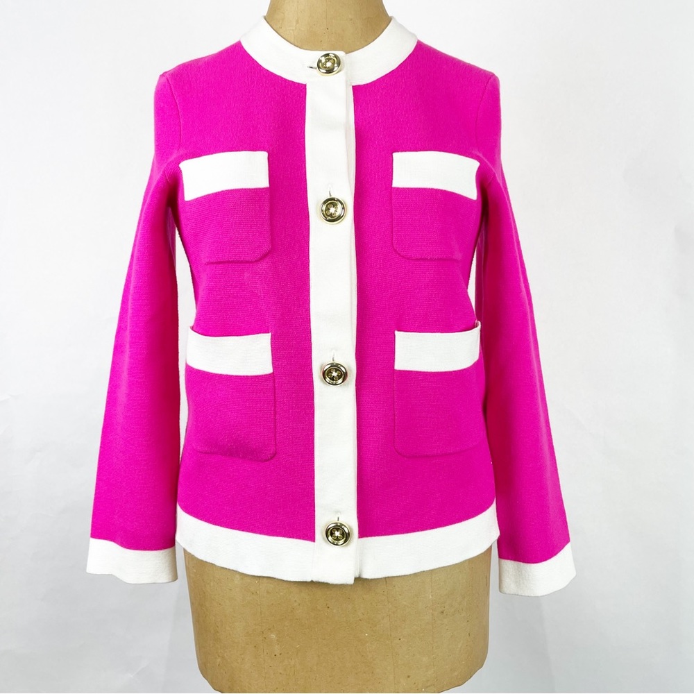 KATE SPADE NY Color Block Knit Cardigan Sweater Jacket HOT PINK/ WHITE Size XS